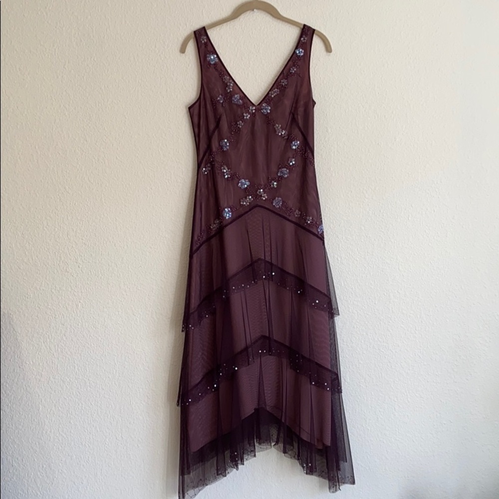 BCBG MAXAZRIA mesh dress with beads double V neck
